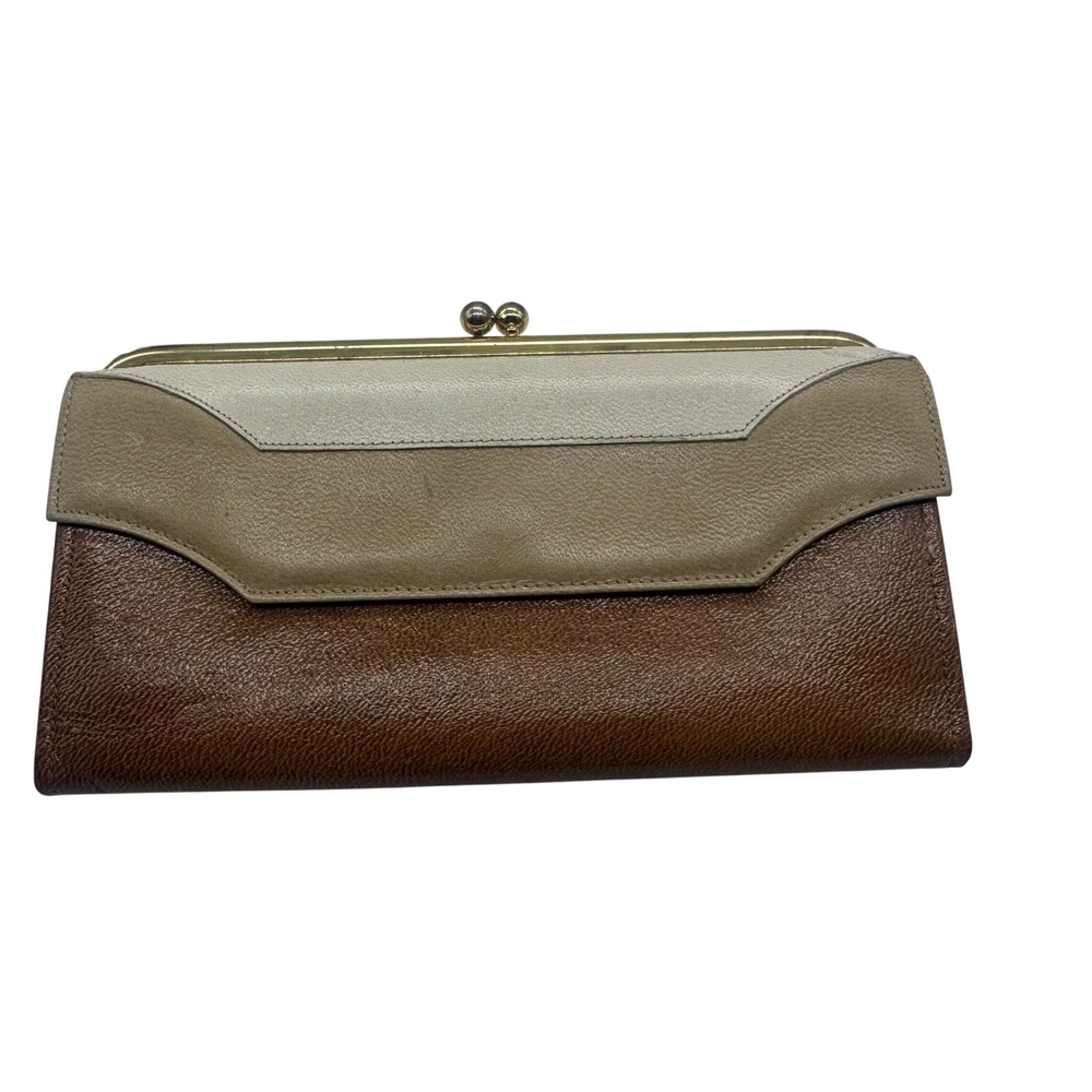 Vintage Buxton Top Grain Cowhide Tri-Tone Leather Kiss Lock Clutch Wallet Brown